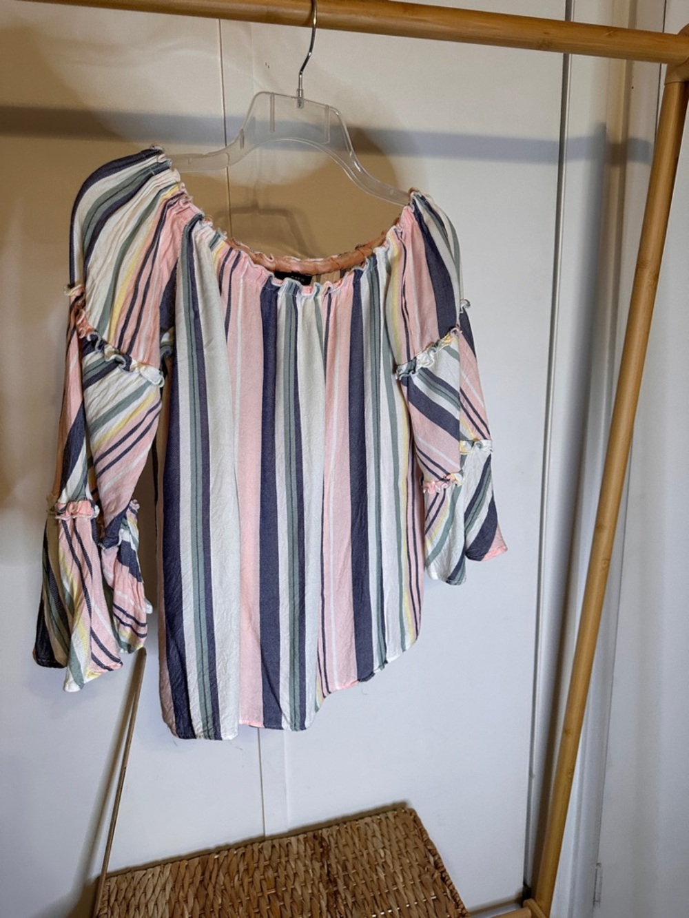 DREW Pink, Navy & Cream Striped Off-Shoulder Blouse size small